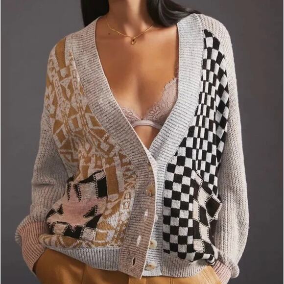 ANTHROPOLOGIE x PILCRO Mash-Up Cardigan Sweater Gray Tan Star Check Sz S {WW5} - Picture 1 of 7